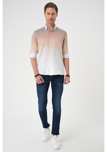 Comfort Fit Apoletli Degrade Desen Esnek Pamuk Bej Gömlek G 1575 Bej