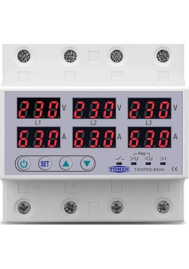 Tomzn 63A Ev Tipi Trifaze Voltaj ve Akım Koruma Rölesi Yüksek Alçak Gerilim Yıldırım Koruyucu Röle