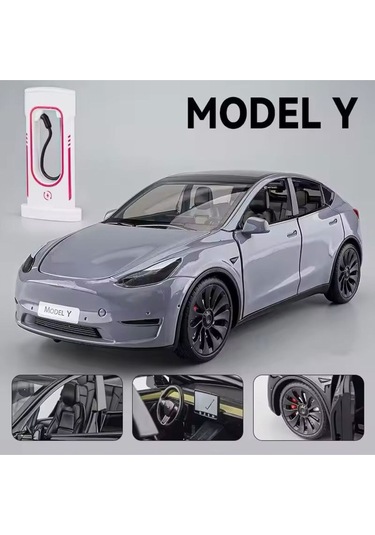 Tesla Model Y 1:24 Ölçek Diecast Döküm Model Araba Sesli Işıklı Gri Jarj İstasyonlu Model