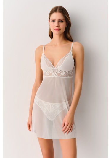 Suwen Duchess Kısa Gecelik St4375613036 Ekru