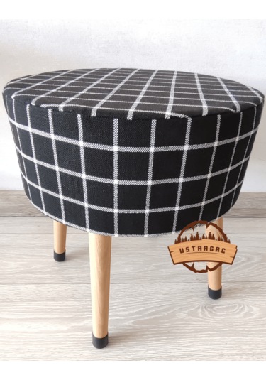 Puf Koltuk Tabure - Siyah Üstü Beyaz Örme Ekose - Ahşap Gürgen Ay