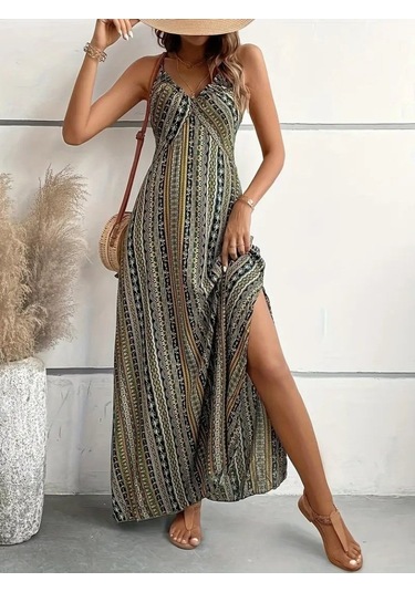 Kadın Ip Askılı Sırttan Çapraz Detaylı Yırtmaçlı Desenli Süprem Elbise Yeşil