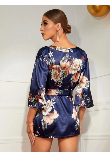 Çiçek Desenli Sabahlık 8330 Mavi