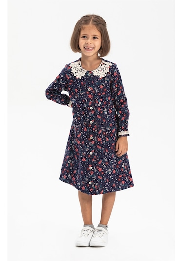 Uzun Kol Asya Yakalı Çocuk Pazen Elbise Çiçek Desen Lacivert Lcvt Lacivert
