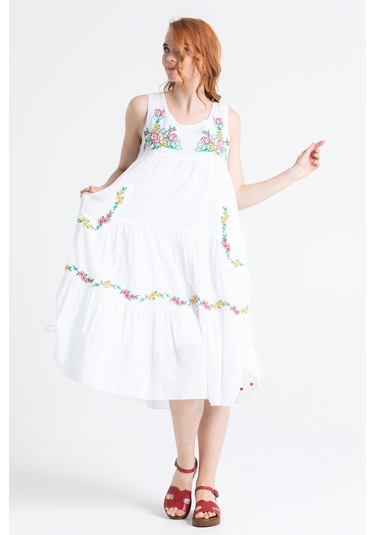 Kolsuz Vual Ahsen Nakışlı Midi Boy Elbise Beyaz Byz-beyaz Beyaz