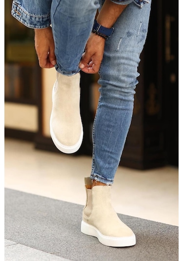 Shoetyle - Bej Hakiki Deri Süet Erkek Chelsea Bot 250-041 -1165 Bej