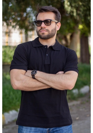 Erkek Siyah Rahat %100 Pamuk Ribana Kol Polo Yaka T-shirt 24eplypope 001