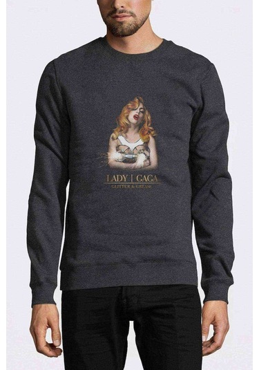 Lady Gaga Baskılı Füme Antrasit Erkek Örme Sweatshirt (528910088)