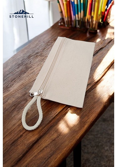 Kalem Çantası, %100 Pamuk Kanvas Bez, Minimalist Tasarım, 23x12 Cm Krem