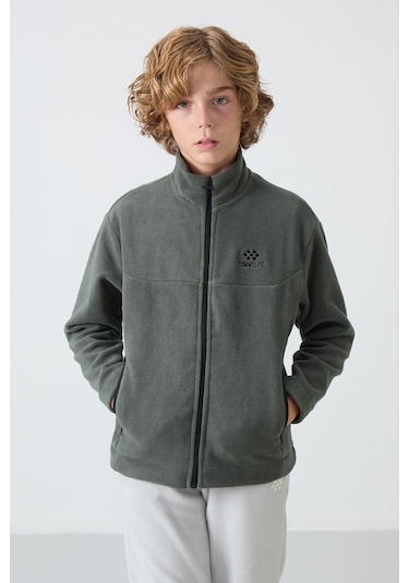 Haki Kalın Yumuşak Dokulu Standart Fit Nakışlı Polar Erkek Çocuk Sweatshirt - 11223 Haki