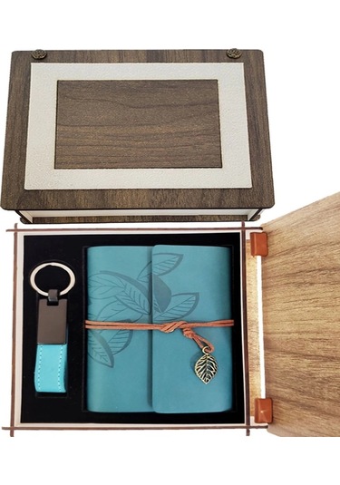 Özel Ahşap Kutulu Mavi Deri Defter Ve Anahtarlık Set 1 Adet