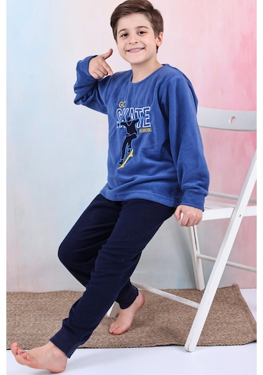 Yeni Sezon Sonbahar/kış Erkek Çocuk Skate Desenli Polar Pijama Takımı 4515 Mavi