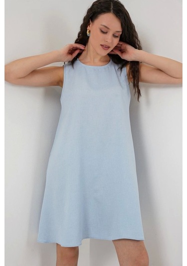 2444 Mini Keten Elbise - Açık Mavi Açik Mavi
