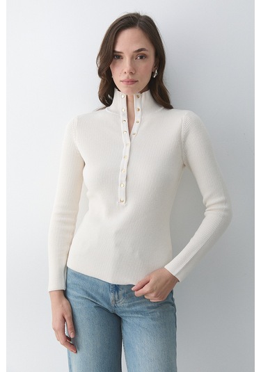 Krem Çıtçıtlı Boğazlı Kazak - 251037 Krem