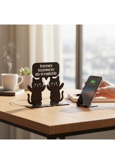 Metal Siyah Kedili Komik Tasarım Telefon Standı