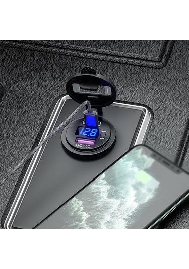 Honmex Araç Usb Şarj Cihazı Pd 30w + Qc3.0 18w Hızlı Şarj, Voltaj Göstergeli, Mavi Işık, 12-24v Girişi
