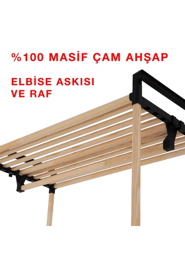 Ne02 Ahşap Gardrop Elbise Askısı Ve İkili Raf Sistemi Masif Çam Ahşap Ahşap