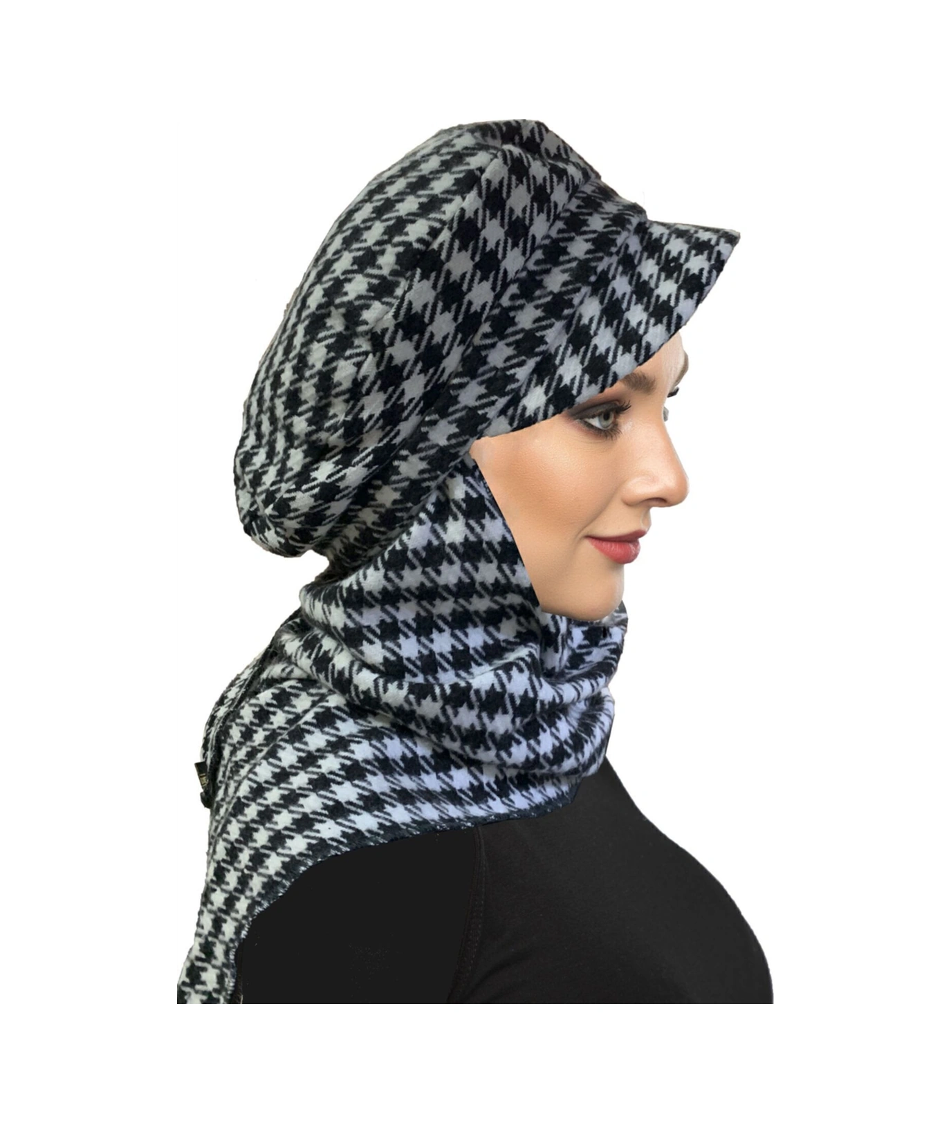 Yün Kasket Şapka Atkılı Kazayağı Desenli Hazır Türban Tesettür Bone Kazayağı Desenli