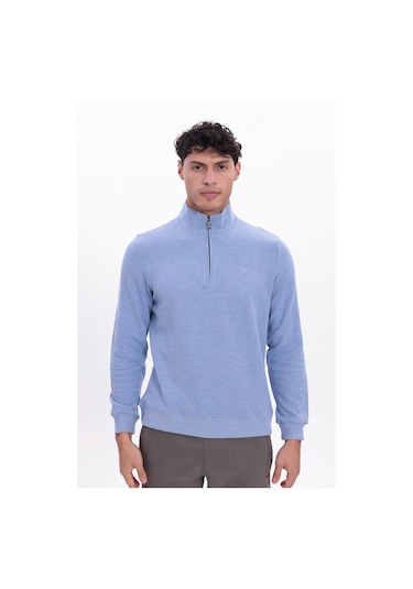 Rowinger Yarım Fermuarlı Dik Yaka Selanik Örme Erkek Sweatshirt Baby Blue