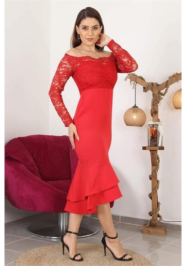 Dipmoda Kadın Yeni Sezon Eteği Kat Kat Dantel Detaylı Midi Abiye Elbise Swll03 Kırmızı