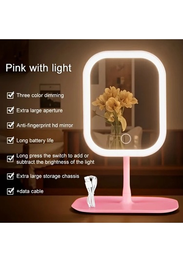 Fochsia Pembe Led Aynalı Makyaj Aynası: Katlanır, Dokunmatik, 3 Işık Modu, Şarj Edilebilir Pembe