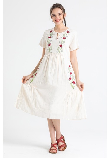 Kısa Kol Şile Bezi Lalezar Nakışlı Midi Boy Elbise Krem Krm-krem
