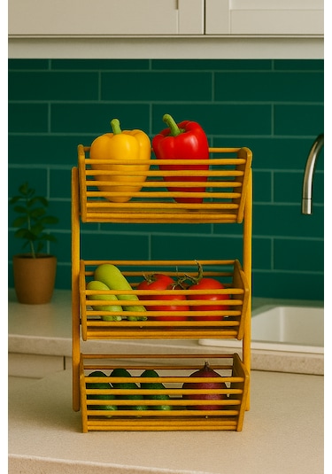 Bambu 3 Katlı Sebzelik Doğal, Şık Ve Fonksiyonel Mutfak Düzenleyici 32 28,5 67 Cm Bambu