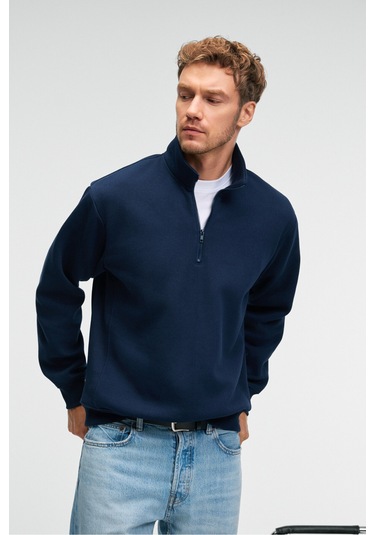 BAXTER Erkek Dik Yakalı Fermuarlı Relaxed Lacivert Sweatshirt