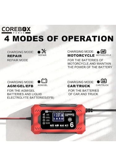 Chuangyinshop Red 12v 6a Corebox Akıllı Akü Şarj Cihazı Lcd Ekran Araç Kamyonet Motosiklet Aküsü