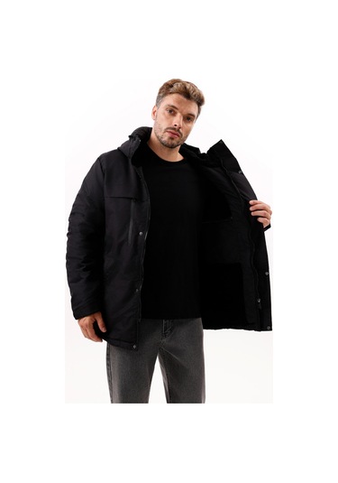 Erkek Polarlı Kürklü Su Ve Rüzgar Geçirmez Kapüşonlu Kışlık Mont & Kaban & Parka - Elyaflamalı Siyah