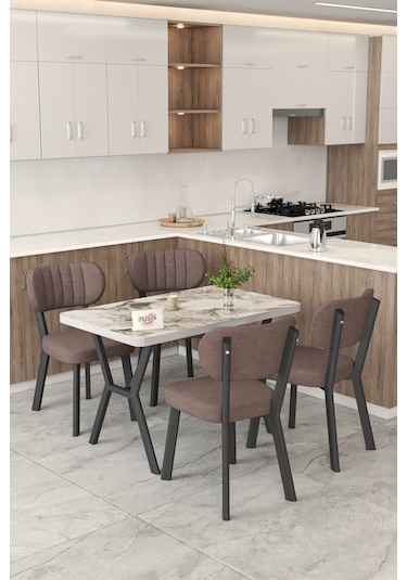 Gnr 70x110cm Sabit Efes Mutfak Masası Takımı, Yemek Masası, 4 Modern Kahverengi Sandalye Kahverengi