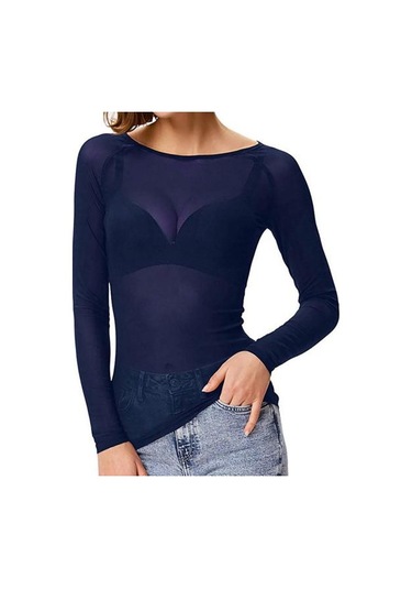 Mavi Uzun Büyük Boy Transparan Kollu Siyah Örgü Üstleri Kazak Üstleri O-boyun Şeffaf Punk Kulübü Tee Gömlek Mavi