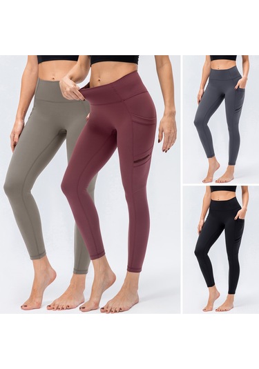 Kosona Kadınlar Yüksek Bel Dört Cep Spor Tayt - Yoga, Koşu, Bisiklet İçin Dayanıklı Nilon-spandex Gri Avrupa Numara 6/m Gri