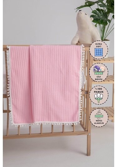 %100 Pamuk Cherry Bebek Battaniyesi Pamuklu Pike 100x120 - Pembe