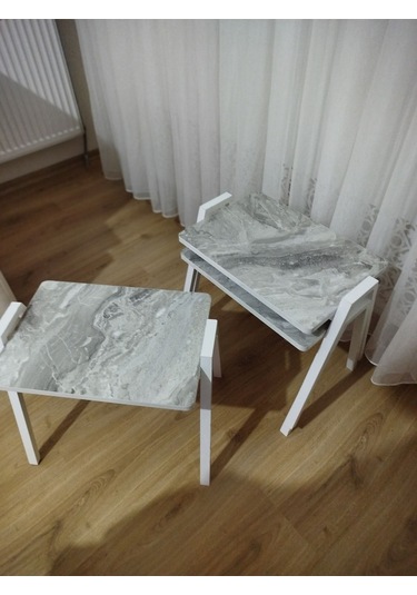 Zigon Sehpa 3'lü Mermer Desenli Tepsi Model Gri Mermer Desen Beyaz Ayak Gri Mermer