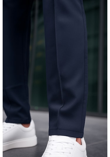 Erkek Lacivert Renk Esnek Likralı Fermuar Detaylı Jogger Pantolon-1804 Lacivert