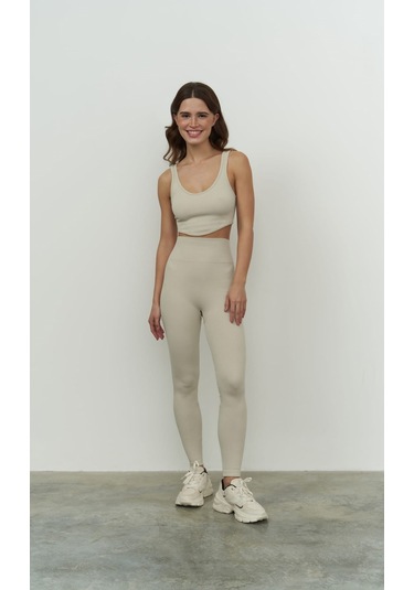 Jade Bej Dikişsiz Fitilli Tayt Bej