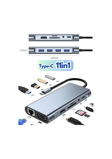 Alfalink Type-c To Usb 11in1 Çevirici Çoğaltıcı Hub Adaptör Lan+type-c+sd Card+usbx4+audio+hdmı+vga