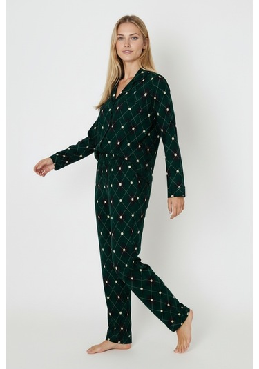 Luxury Soft Yeşil Ekose Desenli Uzun Kollu Kadın Pijama Takımı 3045 Yeşil