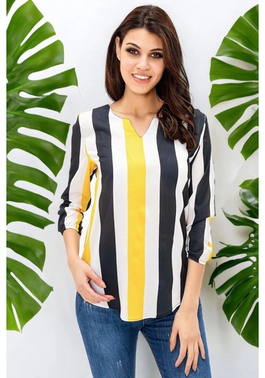 Kadın Siyah & Sarı Yakası Yırtmaçlı Çizgili Krep Bluz Truvakar Kol Kaliteli Dokulu Kumaş Siyah - Sarı