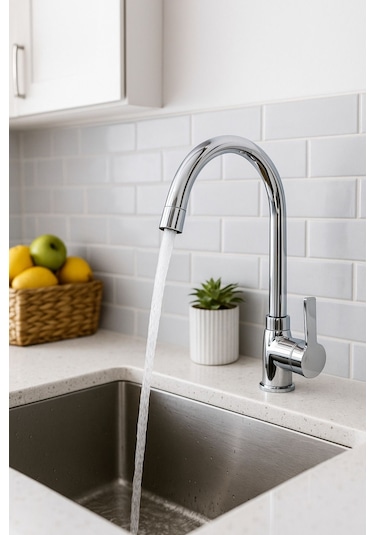 Rudi Armatür Pirinç Malzeme 360 Döner Görseli Eviye Bataryası Gümüş