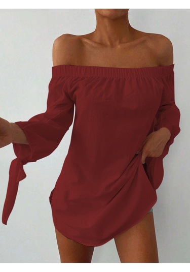 Kadın Madonna Yaka Kol Detaylı Bordo Elbise Bordo