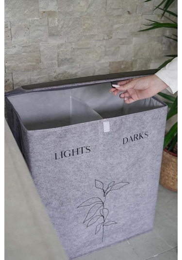 Deri Detaylı 2 Gözlü Çamaşır Sepeti, 53 X 33 X 60 Cm, 105 Litre Gri