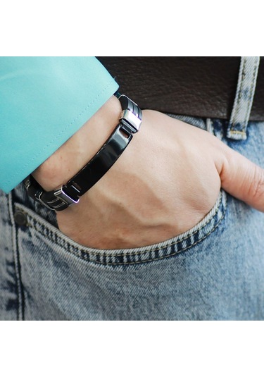 Kişiye Özel İsim Yazılı Silver-black Renk Çelik Erkek Bileklik Model-2 Siyah