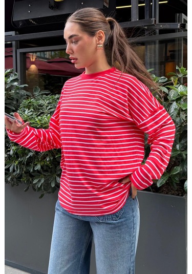 Kırmızı Çizgili Sweatshirt Mg2572 Kırmızı