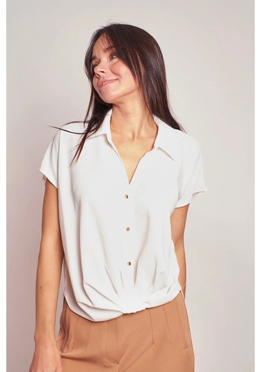 Likrasız Şık Kumaş Yakalı Düşük Omuzlu Önü Pileli Gömlek-krem Krem