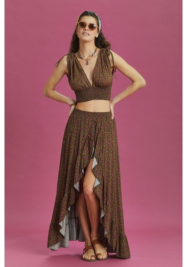 Derin Ön Yırtmaçlı Fırfırlı Çiçekli Çingene Etek 001