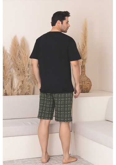 Büyük Beden Pamuklu Cepli Kısa Kollu Şortlu Erkek Pijama Takımı Siyah