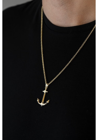 14 Ayar Altın Rolo Zincirli Büyük Boy Taşsız Çapa Erkek Kolye