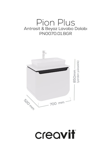 Creavit Pion Plus Lavabo Dolabı 70 Cm Mat Beyaz - Antrasit Mat Beyaz